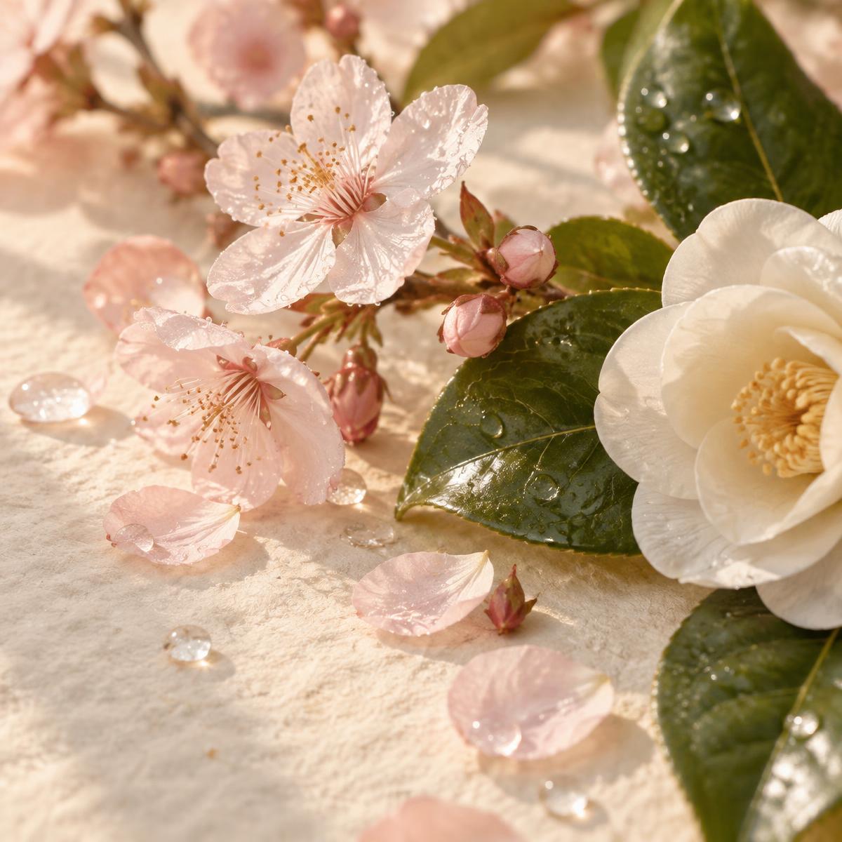Cherry blossoms and camellia leaves