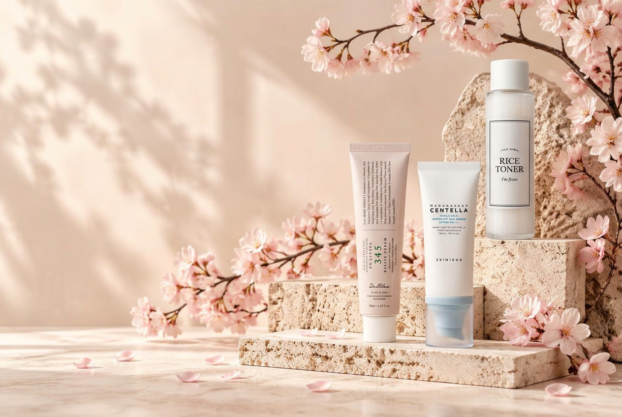 AREUM skincare among cherry blossoms and natural stone